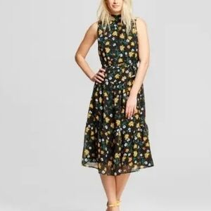 NWT Who What Wear Black Floral Print Belted Dress